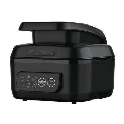 George Foreman Beyond Grill on white, hood open, control panel showing the seven modes and a 500F display
