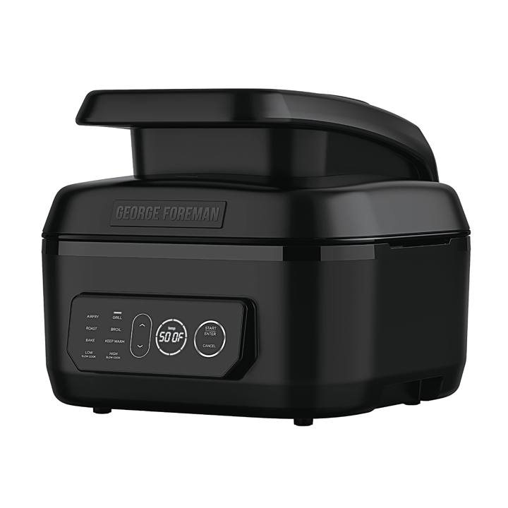 George Foreman Beyond Grill on white, hood open, control panel showing the seven modes and a 500F display