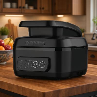 George Foreman Beyond Grill on a kitchen worktop, hood open, control panel lit and showing the temperature