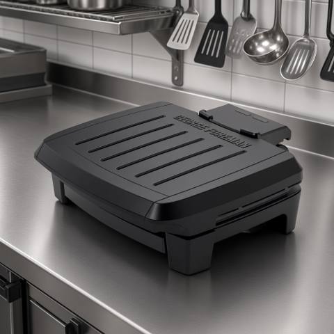 George Foreman Submersible contact grill closed on a stainless prep bench, black ribbed lid, control probe at the rear