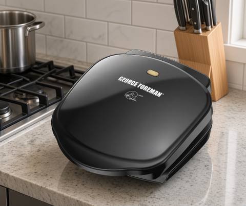 George Foreman GR10B closed on a marble worktop beside a gas hob, amber lamp lit on its lid