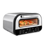 Gourmia stainless countertop pizza oven, a Margherita on the stone and both heat displays reading 750F
