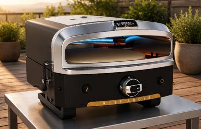 Halo Versa 16 on a steel outdoor table on a deck in evening light, top burner lit above the stone