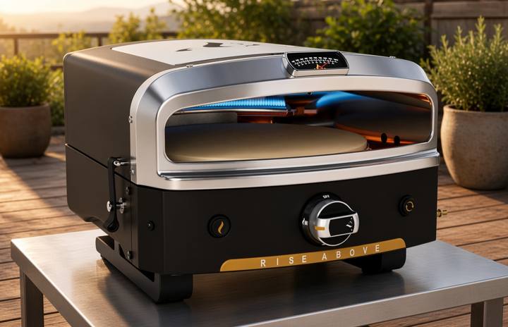 Halo Versa 16 on a steel outdoor table on a deck in evening light, top burner lit above the stone