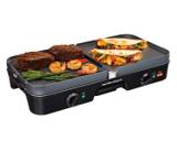 Hamilton Beach 38546MN with steak, shrimp and asparagus on its ridged half and quesadillas on the smooth half