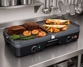 Hamilton Beach 38546MN with steak, shrimp and asparagus on its ridged half and quesadillas on the smooth half