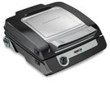Hamilton Beach 4-in-1 MultiGrill Plus closed on white, stainless lid panel, control dial and indicator lights