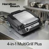 Hamilton Beach 25601 open with six cheeseburgers on the flat lower plate and the marked heat dial at the front
