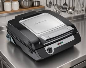 Hamilton Beach 25601 open with six cheeseburgers on the flat lower plate and the marked heat dial at the front