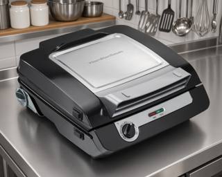 Hamilton Beach 25601 open with six cheeseburgers on the flat lower plate and the marked heat dial at the front