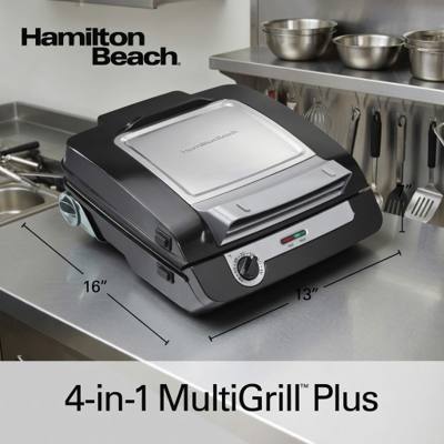 Hamilton Beach 25601 open with six cheeseburgers on the flat lower plate and the marked heat dial at the front
