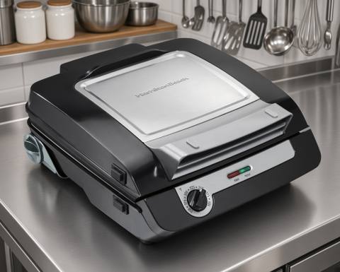 Hamilton Beach 25601 open with six cheeseburgers on the flat lower plate and the marked heat dial at the front