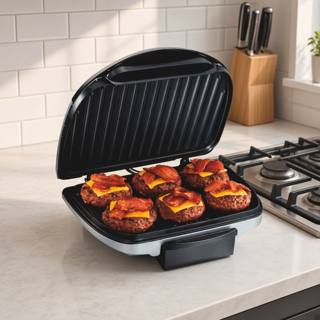Hamilton Beach 25371 indoor grill open on a wooden kitchen counter, ribbed nonstick plates facing the camera