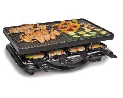 Hamilton Beach 31612MN-MX raclette grill, ribbed and flat plate raised above eight loaded personal trays