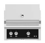 Hestan 30-inch built-in gas grill, front view, stainless hood closed, black Stealth panel with ROTIS, GRILL and GRILL knobs