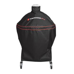 Black Kamado Joe Big Joe cover with two red piping bands and a loop handle on top, over a cart grill with casters below
