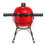 Kamado Joe Big Joe II in red on its black cast iron cart, both slatted side shelves folded out