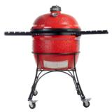 Front view of the red Big Joe II on four locking casters, shelves extended, stainless ash drawer under the band