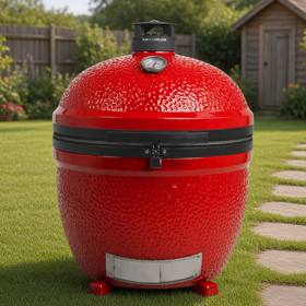 Red Kamado Joe Big Joe II standing on its own ceramic feet with no cart, stainless ash drawer at the base