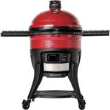 Red Kamado Joe Big Joe Konnected Joe on its black steel cart, side shelves out, control panel below the dome
