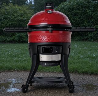 Red Kamado Joe Big Joe Konnected Joe on its black steel cart, side shelves out, control panel below the dome