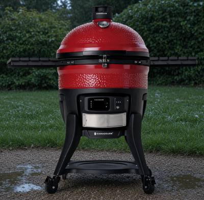 Red Kamado Joe Big Joe Konnected Joe on its black steel cart, side shelves out, control panel below the dome