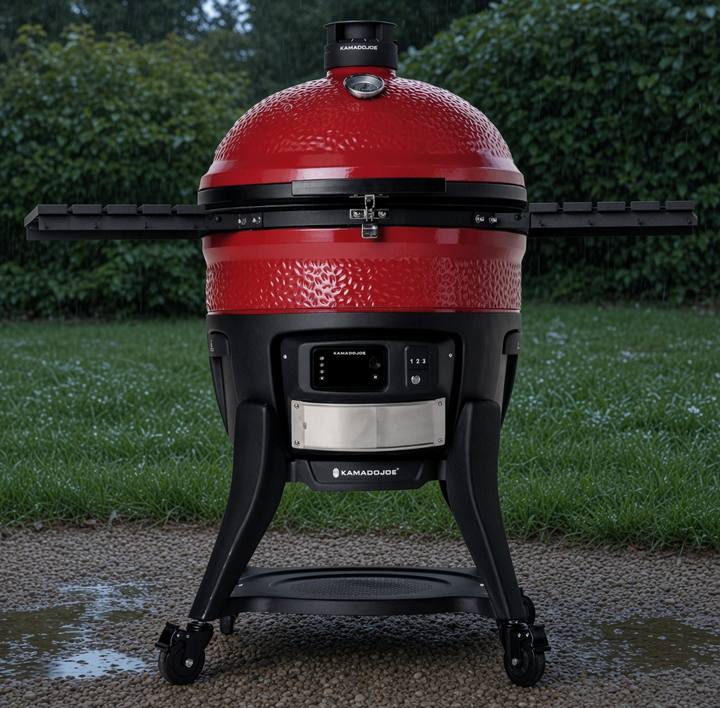 Red Kamado Joe Big Joe Konnected Joe on its black steel cart, side shelves out, control panel below the dome