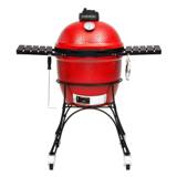Red Kamado Joe KJ23RH ceramic kamado on its black wheeled cart, dark side shelves folded out, on a white background