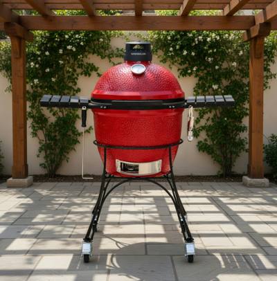Red ceramic Kamado Joe Classic II on a black rolling stand under a wooden pergola, side shelves out, lid closed