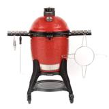 Red Kamado Joe Classic III on its black steel cart, lid shut, slatted side shelves out, ash tool and grate lifter hanging