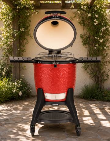Red Kamado Joe Classic III with its lid open over the stacked grates, on its black cart on a stone patio