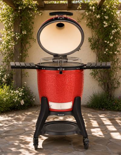 Red Kamado Joe Classic III with its lid open over the stacked grates, on its black cart on a stone patio