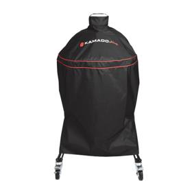 Black Kamado Joe cover with red piping and a top loop handle over a Classic Joe on its cart, casters showing below