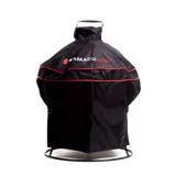 Black Kamado Joe cover with red piping and a top handle over a Joe Jr, its round stand ring visible below