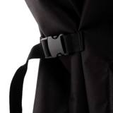Black webbing strap with a plastic side-release buckle fastened at the hem of the Joe Jr cover
