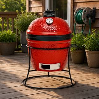 Red Kamado Joe Joe Jr in its round cast iron stand on a timber deck beside potted plants
