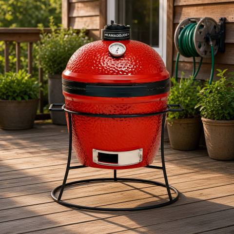 Red Kamado Joe Joe Jr in its round cast iron stand on a timber deck beside potted plants