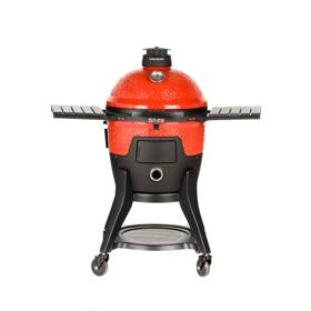 Red Kamado Joe Pellet Joe on its black steel cart, lid shut, slatted side shelves folded out, on a white background