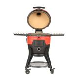 Pellet Joe from the front with the dome raised on its hinge, showing the cream ceramic lining and round stainless grate
