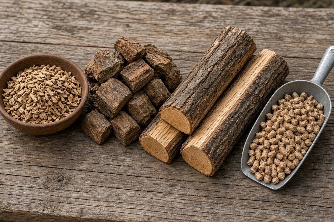 Smoking wood on a wooden table: a bowl of chips, a pile of fist sized chunks, split logs and a scoop of wood pellets