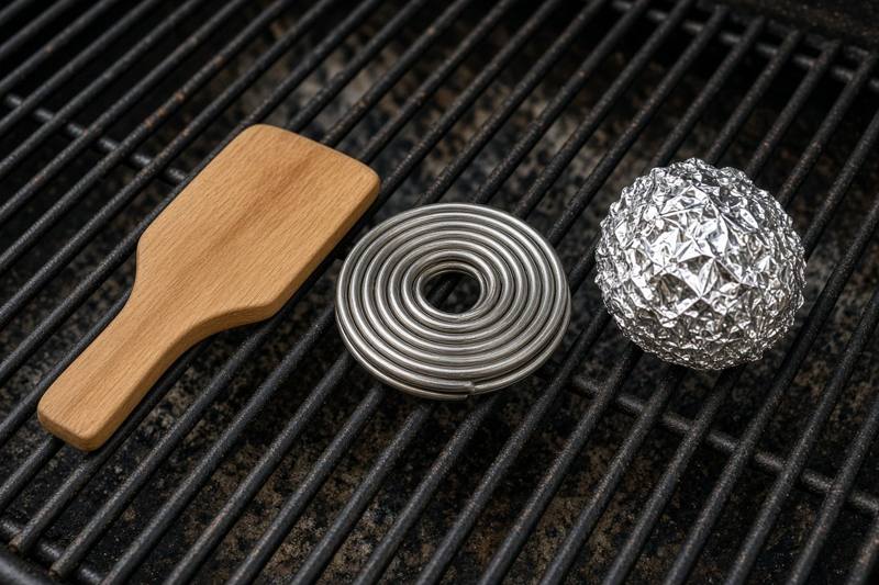 A wooden grill scraper, a coiled bristle free grill brush and a crumpled ball of foil side by side on grill grates