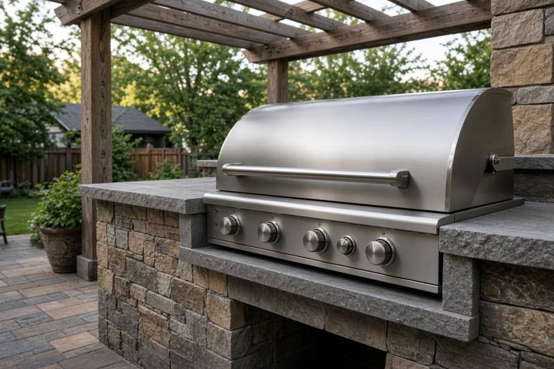 A stainless steel built-in gas grill set into a stone outdoor kitchen counter under a wooden pergola