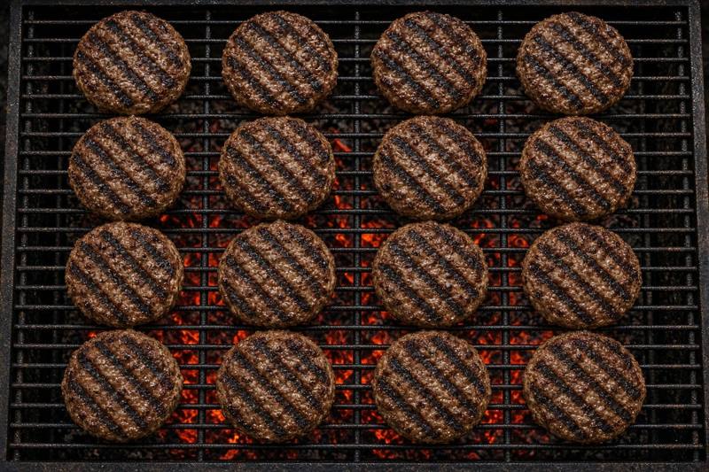 Sixteen burger patties in neat rows filling a grill grate, seen from above, with glowing heat underneath