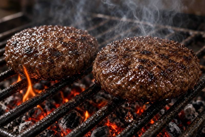 Two burgers on a grill grate over glowing charcoal, fat dripping onto the coals and small flames and smoke rising around them