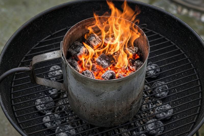 A metal chimney starter full of glowing briquettes with flames coming out the top, standing on the charcoal grate of a kettle grill