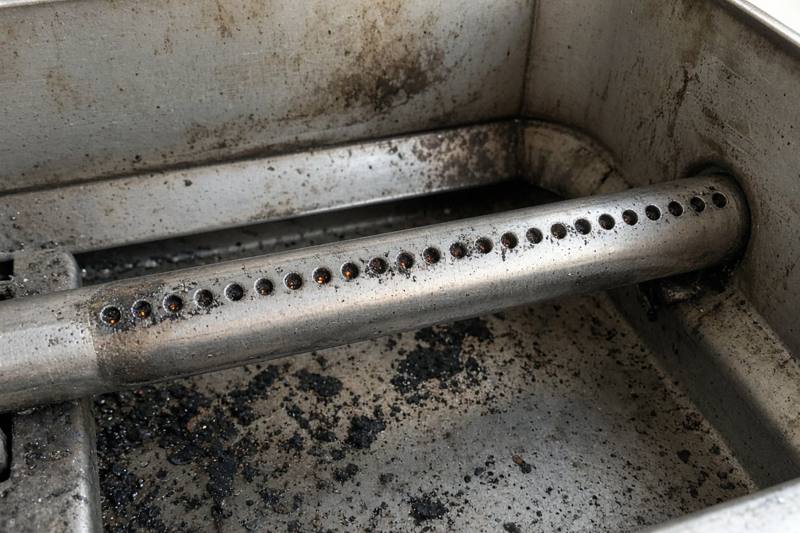 A stainless steel gas grill burner tube with a row of small flame holes, some caked with black grease