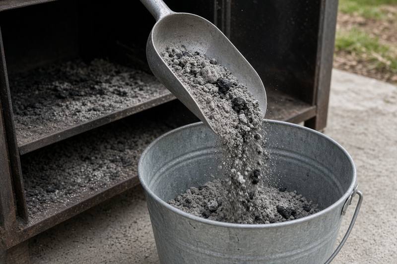 Gray ash and small pieces of charcoal being scooped from a smoker firebox into a metal bucket