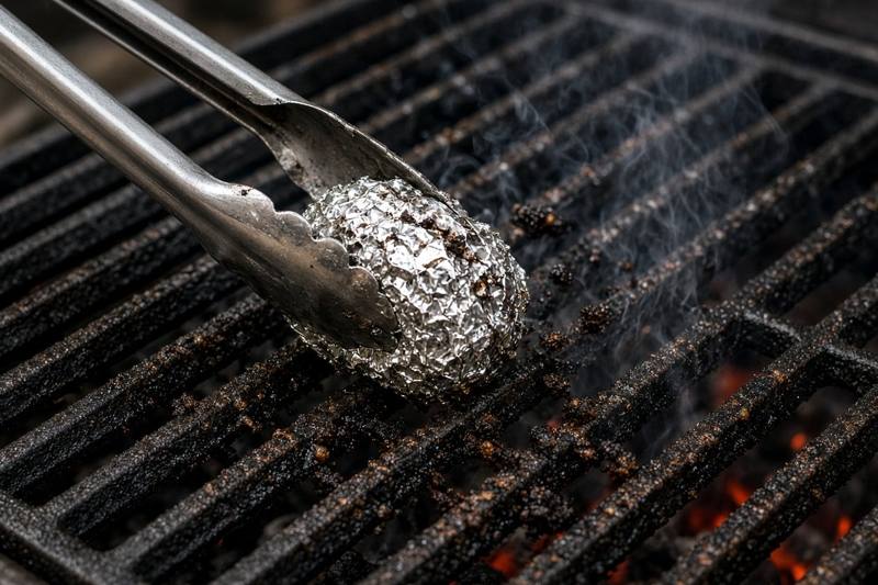 Long tongs holding a crumpled ball of aluminum foil, scrubbing hot cast iron grill grates with smoke rising