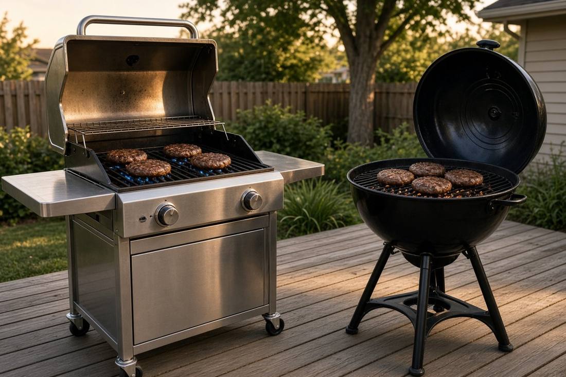 A stainless steel gas grill and a black charcoal kettle grill side by side on a wooden deck, burgers cooking on both
