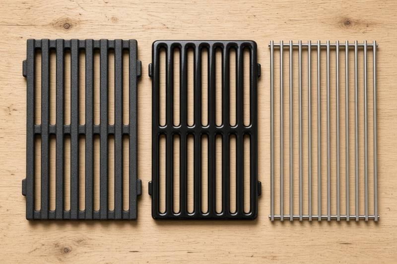 Three grill grate sections side by side: heavy black cast iron bars, glossy black porcelain coated bars and shiny stainless steel rods